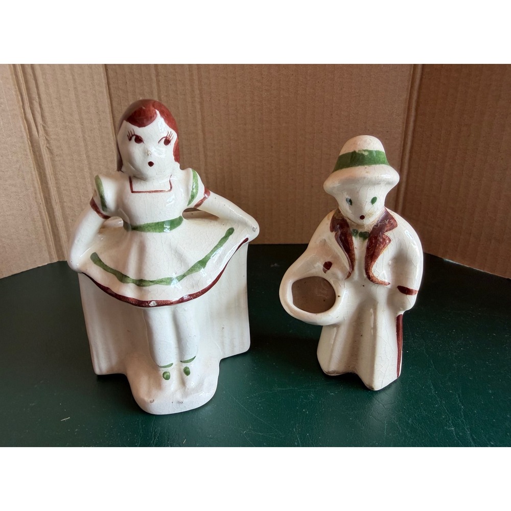 Vintage Ceramic Boy and Girl Figurine Planter Set Bud Vases HandPainted Folk Art